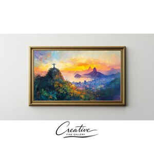 Christ the Redeemer Sunrise Oil Painting, Vibrant Cityscape Vegetation Art (Digital Download)