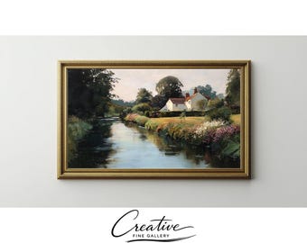 Cottagecore River Landscape Oil Painting, Serene English Countryside Art (Digital Download)