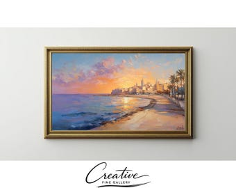 Coastal Sunset Landscape Painting, Impressionistic Seaside Palm Promenade (Digital Download)
