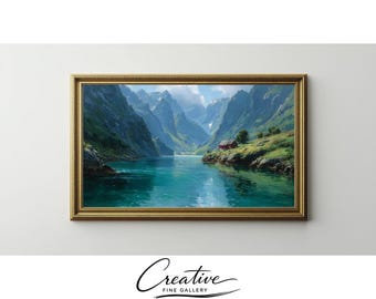 Samsung Frame TV Art, Norwegian Fjord Mountain Cabin Landscape (Digital Download) 161