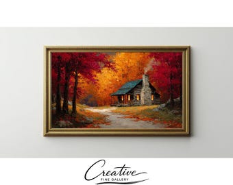 Rustic Log Cabin Frame TV Art, Cozy Autumn Woods Cottage (Digital Download) 182