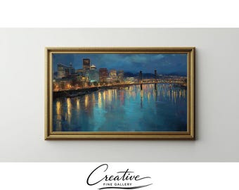 Samsung Frame TV Art, Portland Cityscape Night, Urban Waterfront Bridges (Digital Download) 80