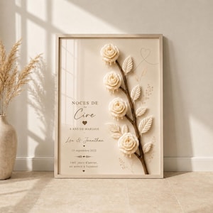 Peut inclure: Un cadre décoratif mural présentant une branche verticale ornée de quatre bougies en cire en forme de roses crème. Le texte indique : NOCES DE Cire, 4 ANS DE MARIAGE, Léa & Jonathan, 15 septembre 2022, 1461 jours d'amour, un avenir à façonner.