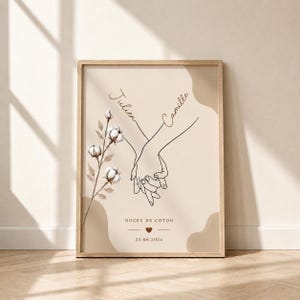 Cadeau Noces de Coton 1 An de Mariage Affiche Personnalisée Couple Style Minimaliste Bohème Mains Entrelacées Prénoms Date