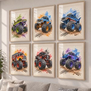 May include: Six framed wall art prints featuring watercolor-style monster trucks. The collection includes a green dinosaur truck, a blue truck, a shark-themed blue truck, a red fire truck, a black skull-themed truck, and a purple rhino-themed truck.