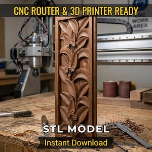 May include: A rectangular, wooden panel with a carved floral design. The panel features detailed leaves and flowers. The text "CNC ROUTER & 3D PRINTER READY", "STL MODEL", and "Instant Download" are displayed on the image.