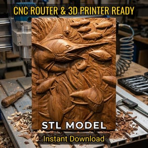 May include: A carved wooden panel featuring a school of fish, including a marlin, in a detailed relief. The panel is brown with visible wood grain. Text on the panel reads "CNC ROUTER & 3D PRINTER READY", "STL MODEL", and "Instant Download".