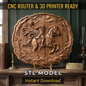 Puede incluir: Un relieve ovalado de madera que representa al Jinete sin cabeza montando un caballo y sosteniendo una calabaza. El texto CNC ROUTER & 3D PRINTER READY, STL MODEL, Instant Download y HEADLESS HORSEMAN OF SLEEPY HOLLOW - HAND-CARVED WALNUT es visible.