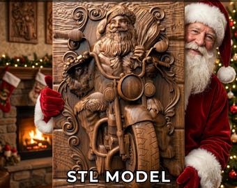 Biker Claus STL File, Christmas CNC Router 3D Relief Model, Motorcycle Wood Carving Design Digital Download