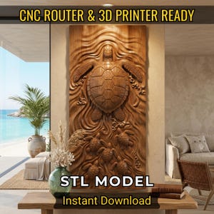 May include: A rectangular wooden wall panel featuring a relief carving of a large sea turtle swimming above four smaller sea turtles. The design includes wavy, water-like textures. Text reads: CNC ROUTER & 3D PRINTER READY, STL MODEL, Instant Download.