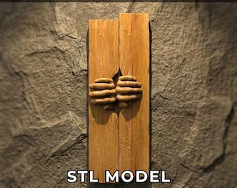3D Relief STL: Human Hands Pulling Apart Distressed Wood Grains, CNC Art Panel.