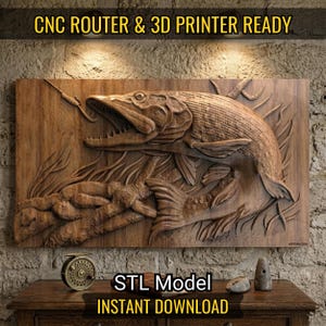 Predatory Pike Fishing 3D Relief STL - High-Detail CNC & 3D Print File for Wood Carving and Wall Decor