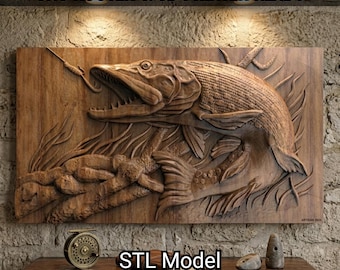 Predatory Pike Fishing 3D Relief STL - High-Detail CNC & 3D Print File for Wood Carving and Wall Decor