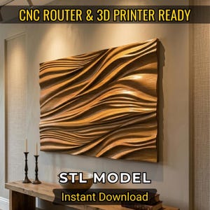 May include: A large, rectangular wooden wall art piece with a flowing, wave-like design. The artwork is a warm, natural wood tone and is mounted on a light-colored wall. Text at the top reads "CNC ROUTER & 3D PRINTER READY" and at the bottom "STL MODEL Instant Download".