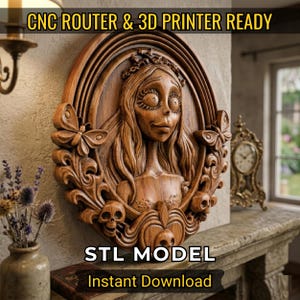 May include: A wooden carved wall art piece featuring a stylized female figure with long hair, butterflies, and skulls. The artwork is framed and has the text "CNC ROUTER & 3D PRINTER READY" and "STL MODEL Instant Download".