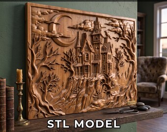 Halloween Haunted House STL File | 3D Relief CNC Router Model | Spooky Gothic Mansion Wood Carving | Creepy Castle 3D Print Digital Download