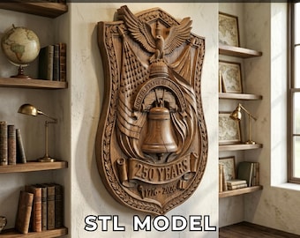 May include: A wooden wall plaque featuring a carved eagle, American flags, and a central bell. The text reads UNITED STATES OF AMERICA, 250 YEARS, and 1776-2026. The design is labelled as a CNC ROUTER & 3D PRINTER READY STL MODEL for instant download.