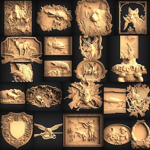 Puede incluir: Una colecci&oacute;n de veinti&uacute;n paneles de relieve tallados en madera de color marr&oacute;n claro con diversas escenas al aire libre, incluyendo perros de caza, ciervos, peces, aves y un oso que sostiene un letrero con la palabra WELCOME.