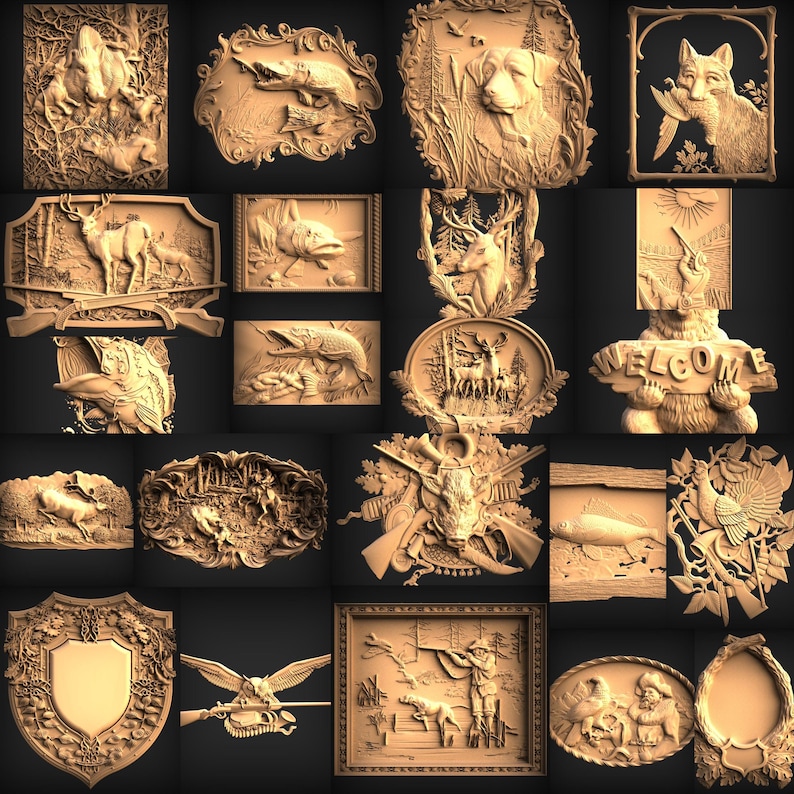 Puede incluir: Una colecci&oacute;n de veinti&uacute;n paneles de relieve tallados en madera de color marr&oacute;n claro con diversas escenas al aire libre, incluyendo perros de caza, ciervos, peces, aves y un oso que sostiene un letrero con la palabra WELCOME.