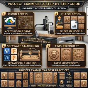 Puede incluir: Una infograf&iacute;a digital que muestra una m&aacute;quina CNC y una gu&iacute;a de cuatro pasos para acceder a m&aacute;s de 10,000 archivos STL. El gr&aacute;fico incluye iconos para acceso a la nube, selecci&oacute;n de archivos, software y tallas en madera terminadas.