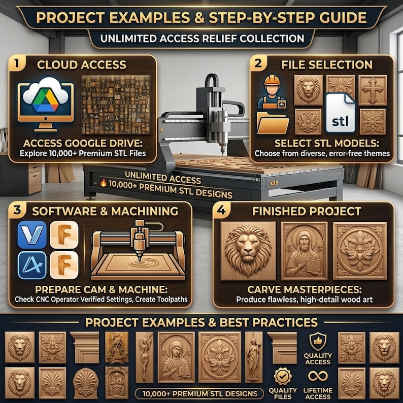 Puede incluir: Una infograf&iacute;a digital que muestra una m&aacute;quina CNC y una gu&iacute;a de cuatro pasos para acceder a m&aacute;s de 10,000 archivos STL. El gr&aacute;fico incluye iconos para acceso a la nube, selecci&oacute;n de archivos, software y tallas en madera terminadas.