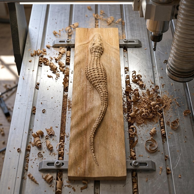 Puede incluir: Un tallado en madera de un caim&aacute;n se est&aacute; creando en una m&aacute;quina CNC. El caim&aacute;n est&aacute; tallado en una pieza rectangular de madera marr&oacute;n claro. Las virutas de madera rodean el tallado y la broca de la m&aacute;quina es visible.