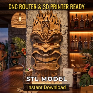 May include: A carved wooden tiki mask with flames, mounted on a stone wall. The image includes the text "CNC ROUTER & 3D PRINTER READY" and "STL MODEL Instant Download". A tiki-themed cocktail is on the bar.