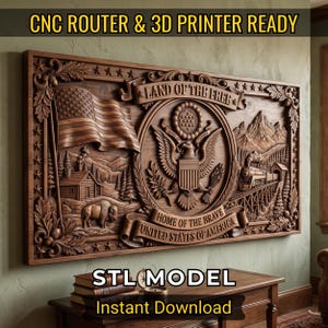 May include: A rectangular wooden wall plaque featuring intricate carvings of an American flag, a central eagle emblem, a bison, a log cabin, and a steam train. The text reads LAND OF THE FREE and HOME OF THE BRAVE UNITED STATES OF AMERICA.