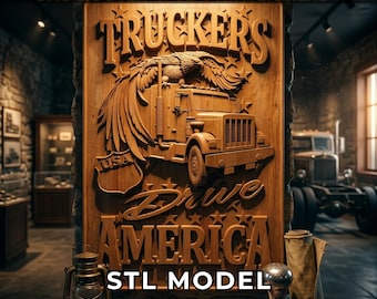 Truckers Drive America CNC STL – Eagle & Semi Truck 3D Wood Carving Design