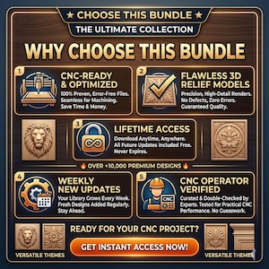 Puede incluir: Una infograf&iacute;a digital titulada CHOOSE THIS BUNDLE THE ULTIMATE COLLECTION que presenta cinco puntos numerados sobre modelos de relieve 3D listos para CNC, acceso de por vida, actualizaciones semanales y verificaci&oacute;n, con m&aacute;s de 10,000 dise&ntilde;os.