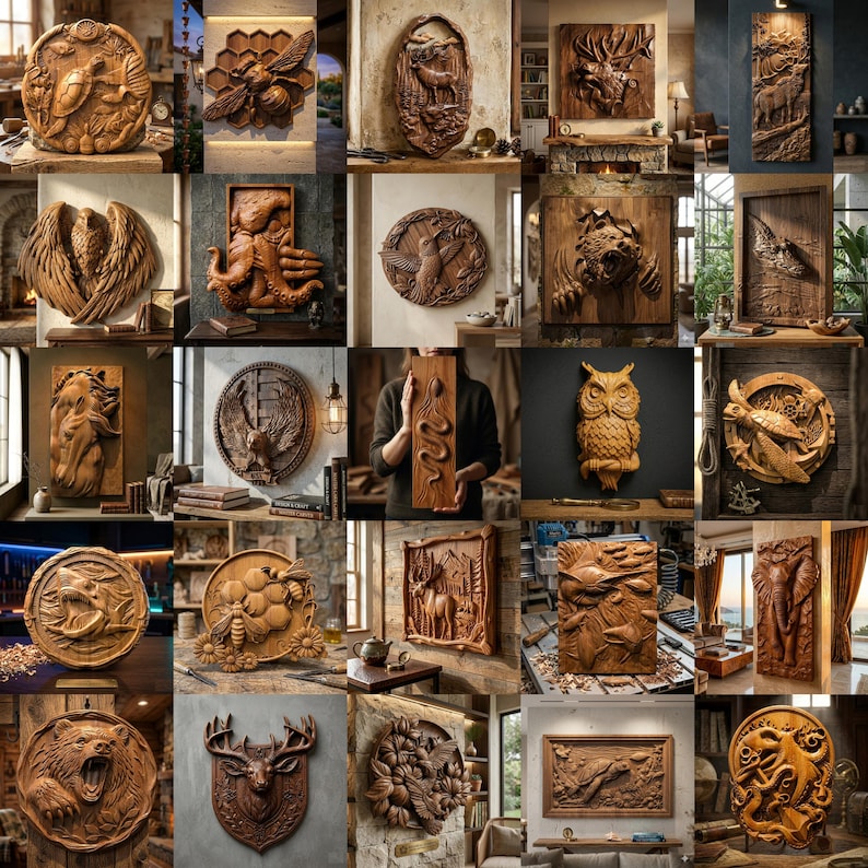 Puede incluir: Una colecci&oacute;n de veinte piezas de arte mural de madera distintas que presentan tallas intrincadas de animales, incluidos osos, ciervos, b&uacute;hos, tortugas, pulpos y &aacute;guilas, junto con motivos inspirados en la naturaleza como panales.