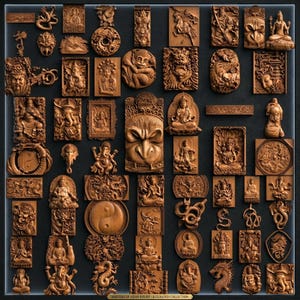 Puede incluir: Una colecci&oacute;n de tallas de madera marr&oacute;n con diversas deidades, criaturas m&iacute;ticas y s&iacute;mbolos, incluyendo a Ganesha, dragones y motivos yin-yang. Los paneles en relieve rectangulares y circulares est&aacute;n dispuestos en una cuadr&iacute;cula.