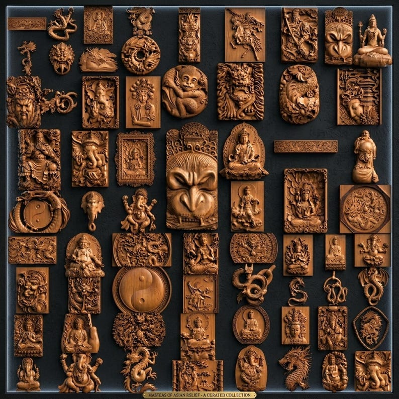 Puede incluir: Una colecci&oacute;n de tallas de madera marr&oacute;n con diversas deidades, criaturas m&iacute;ticas y s&iacute;mbolos, incluyendo a Ganesha, dragones y motivos yin-yang. Los paneles en relieve rectangulares y circulares est&aacute;n dispuestos en una cuadr&iacute;cula.