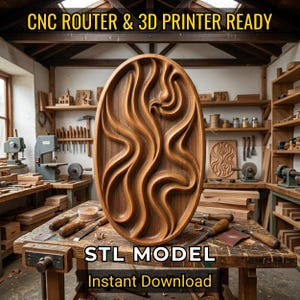 May include: An oval wooden panel featuring a deep, flowing, wave-like relief carving. The text CNC ROUTER & 3D PRINTER READY, STL MODEL, and Instant Download is overlaid on the image. The panel is displayed on a wooden workbench in a workshop.