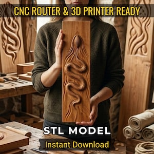 Könnte beinhalten: Ein Holzpaneel mit einem geschnitzten Schlangenrelief, gehalten von einer Person. Der Text "CNC ROUTER & 3D PRINTER READY" und "STL MODEL Instant Download" sind sichtbar. Das Holz hat eine natürliche Maserung und ist braun.