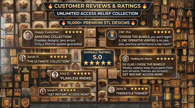 Puede incluir: Una pantalla digital con rese&ntilde;as y valoraciones de clientes para una colecci&oacute;n de m&aacute;s de 10.000 dise&ntilde;os STL premium. El gr&aacute;fico incluye valoraciones de cinco estrellas, testimonios de usuarios y una nota global de 5,0 sobre relieves.