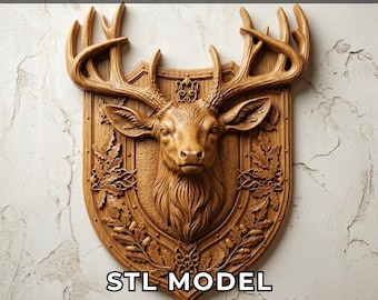 Ornate Deer on Shield 3D STL File, Heraldic Stag Bas Relief for Wood CNC Router