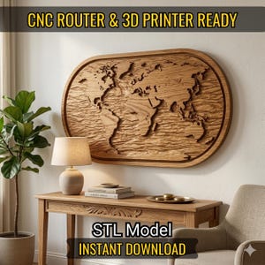 May include: An oval wooden wall art piece featuring a carved world map with a textured ocean surface. The text CNC ROUTER & 3D PRINTER READY and STL MODEL INSTANT DOWNLOAD is displayed on the image. The map is mounted on a light-colored wall.