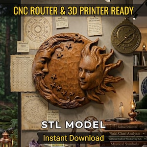 May include: A circular wooden wall carving featuring a sun and moon face design with stars, surrounded by various vintage-style paper charts and documents. The text CNC ROUTER & 3D PRINTER READY and STL MODEL Instant Download is visible.