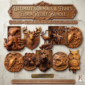 Könnte beinhalten: Eine Sammlung aufwendig geschnitzter Holzreliefs mit verschiedenen Tieren und Fischen, darunter ein Oktopus, ein Hirsch, ein Bär und eine Eule. Der Text lautet "ULTIMATE ANIMALS & FISHES FLORA RELIEF BUNDLE" und "OVER 250+ HIGH-DETAIL CNC & 3D PRINTING STL FILES."