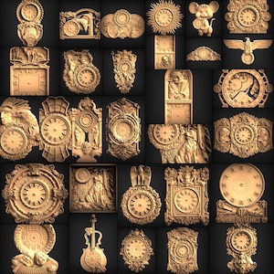 Puede incluir: Una colecci&oacute;n de veintiocho intrincadas tallas en relieve 3D que presentan varios dise&ntilde;os de relojes, incluyendo patrones florales ornamentados, figuras de animales, siluetas humanas y motivos tem&aacute;ticos, con un acabado uniforme de madera clara.