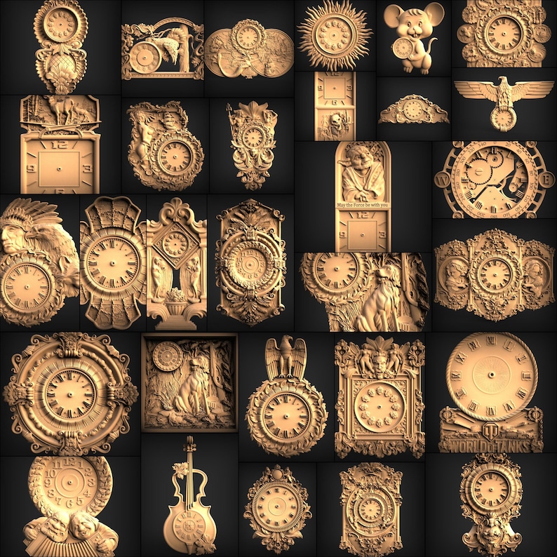 Puede incluir: Una colecci&oacute;n de veintiocho intrincadas tallas en relieve 3D que presentan varios dise&ntilde;os de relojes, incluyendo patrones florales ornamentados, figuras de animales, siluetas humanas y motivos tem&aacute;ticos, con un acabado uniforme de madera clara.
