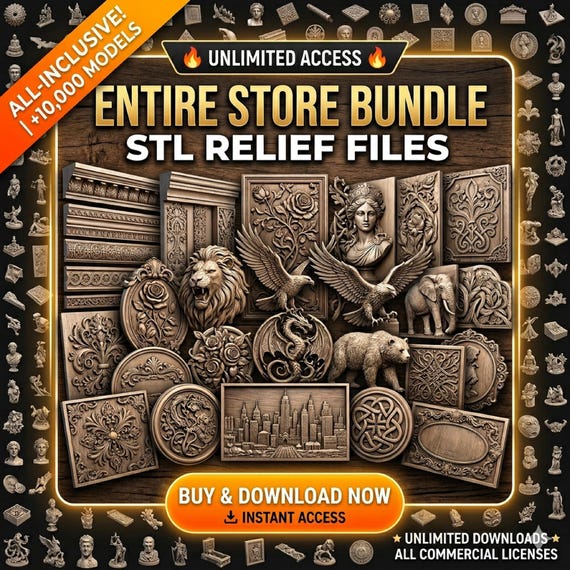 STL Relief Mega Bundle, 10000+ CNC Router 3D Models, Entire Store Access, Artcam Aspire Type3, Wood Carving Panel Designs