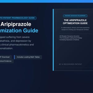May include: A dark blue graphic with text that reads "The Aripiprazole Optimization Guide." The guide is a patient advocacy blueprint. It includes information on clinical pharmacokinetics and dose personalization. The guide is available as an instant PDF download.