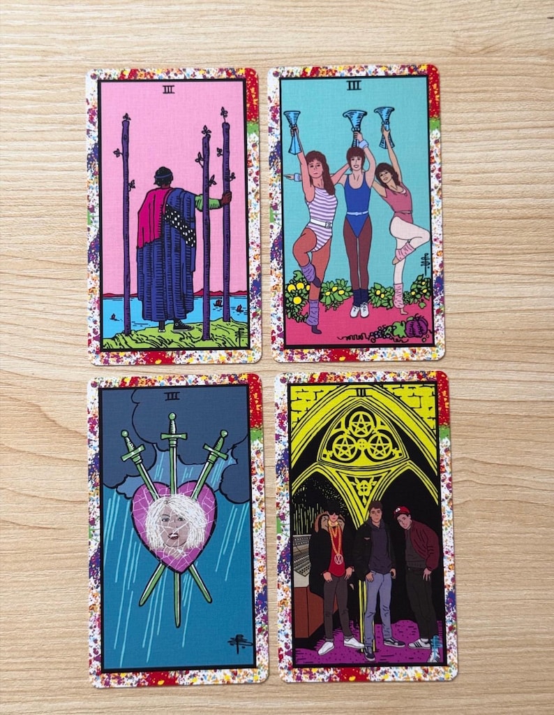 May include: Four tarot cards featuring colourful illustrations. Top left: a figure in a blue robe with three wooden staves. Top right: three people in athletic wear holding blue cups. Bottom left: a heart pierced by three swords. Bottom right: three people standing under a yellow archway.
