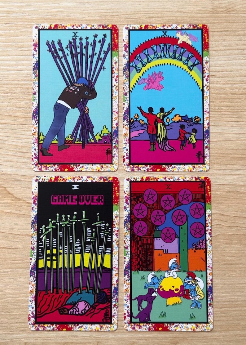 May include: Four rectangular tarot cards with colourful borders. Top left: a figure carrying ten wands. Top right: figures under a rainbow with winged creatures. Bottom left: ten swords with the text GAME OVER. Bottom right: blue creatures near coins.