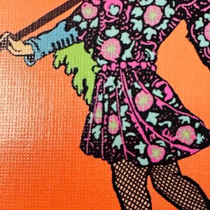 May include: A graphic illustration on an orange background featuring a figure wearing a black dress with a vibrant pink and light blue floral pattern. The figure has light blue sleeves, a green fringe detail, and black fishnet stockings.