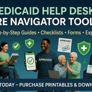 Könnte beinhalten: Werbebild für ein Medicaid Help Desk Care Navigator Toolkit. Das Bild zeigt Personen, die ein Tablet und einen Laptop verwenden, mit Häkchen und dem Wort "GENEHMIGT". Der Text enthält "Einfache Schritt-für-Schritt-Anleitungen", "Checklisten", "Formulare" und "Expertentipps".