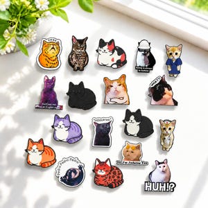 May include: A collection of various cat-themed enamel pins featuring diverse feline illustrations, including cats in outfits, cats with text like AWOO, DISSOCIATING, and HUH, and cats with various expressions, colors, and patterns arranged on a white surface.