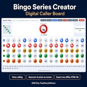 May include: Bingo Series Creator Digital Caller Board software interface featuring a grid of numbered balls from 1 to 75, a current call display showing I-16, control buttons for game management, voice calling, and prize tracking options.